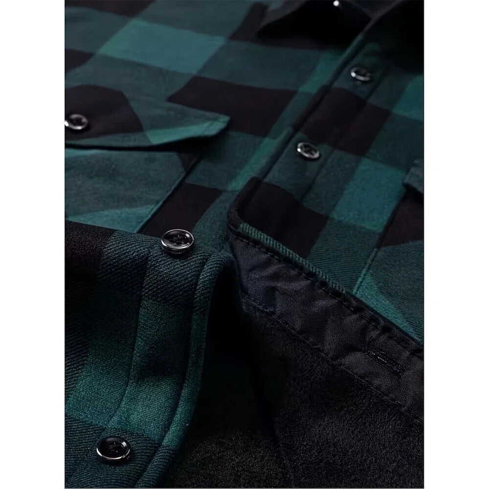 Men’s Shirt Jacket XL Green & Black Buffalo Plaid Fleece Lined Winter Fall Cozy